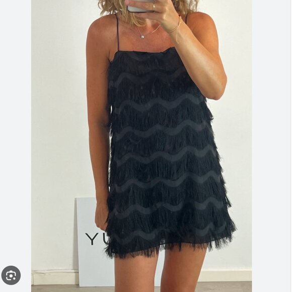 Zara Fringe Tie Strap Mini Dress Black Size Small - Picture 1 of 6